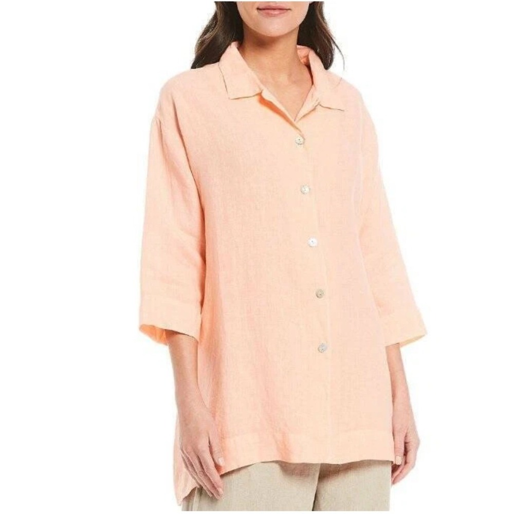 Bryn Walker Linen Shirt Large Peach Oversized 3/4 Sleeve Button Down